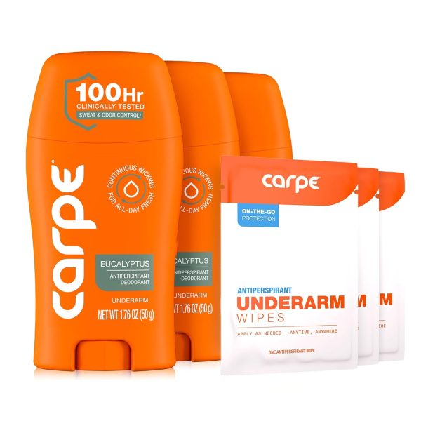 Carpe Antiperspirant Deodorant. Eucalyptus – 3 Pack + 3 Bonus Wipes | 100-Hour Sweat & Odor Control.